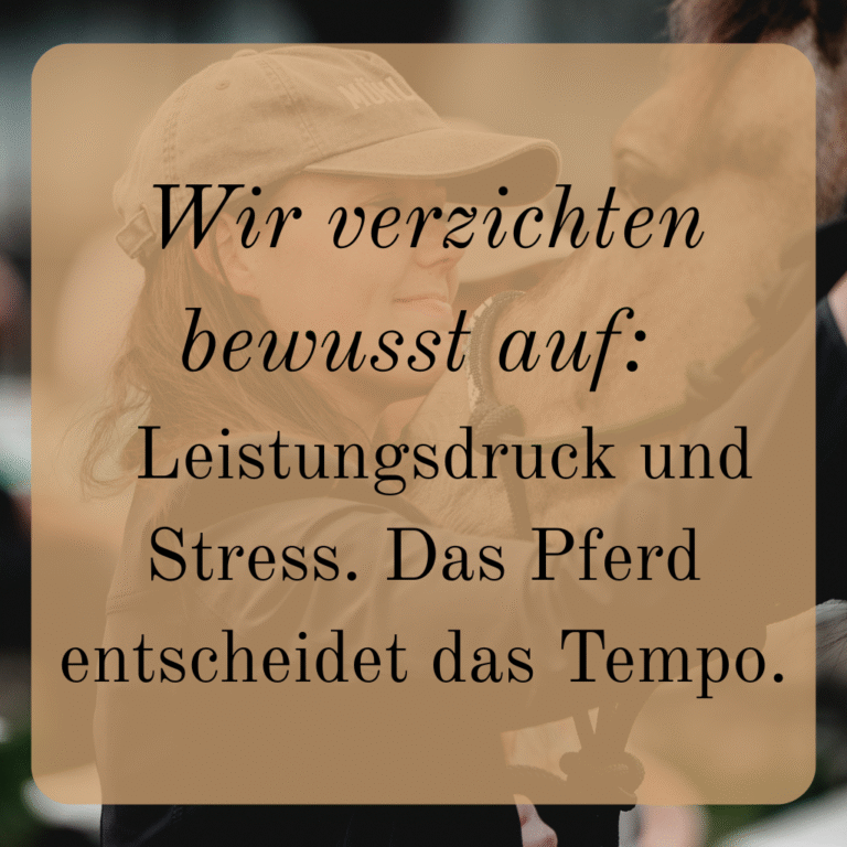 Wir verzichten bewusst auf: Leistungsdruck und Stress. Das Pferd entscheidet das Tempo.